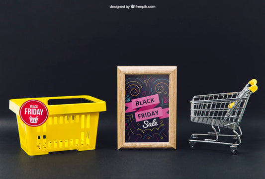 Free Black Friday Mockup With Basket And Frame Psd