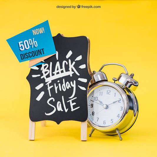 Free Black Friday Mockup With Board And Alarm Psd