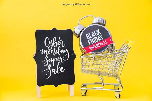Free Black Friday Mockup With Cart And Alarm Psd