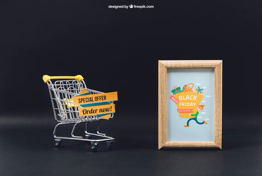 Free Black Friday Mockup With Cart And Frame Psd