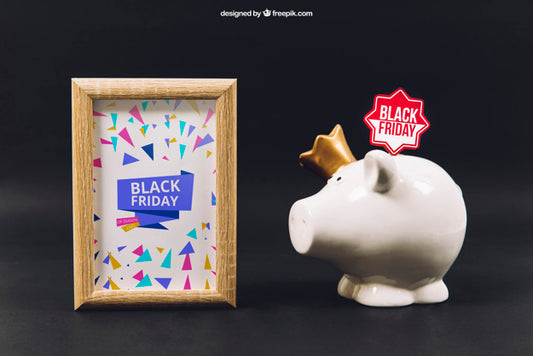 Free Black Friday Mockup With Frame And Piggybank Psd