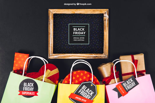 Free Black Friday Mockup With Slate And Bags Full Of Presents Psd
