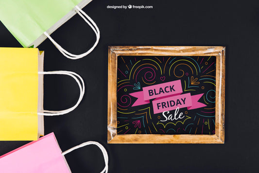 Free Black Friday Mockup With Slate And Bags Psd