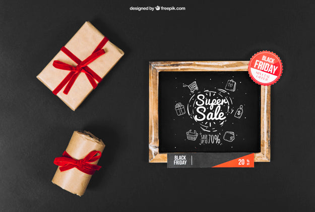 Free Black Friday Mockup With Slate And Gift Boxes Psd