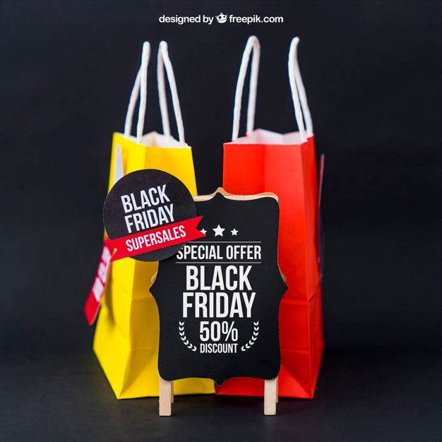 Free Black Friday Mockup With Two Bags And Label Psd