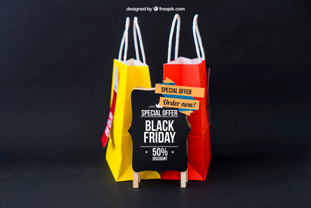 Free Black Friday Mockup With Two Bags Behind Board Psd
