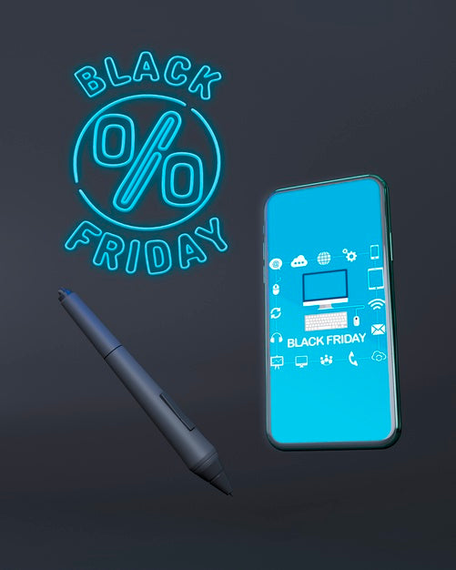 Free Black Friday Phone Mock-Up With Blue Neon Lights Psd