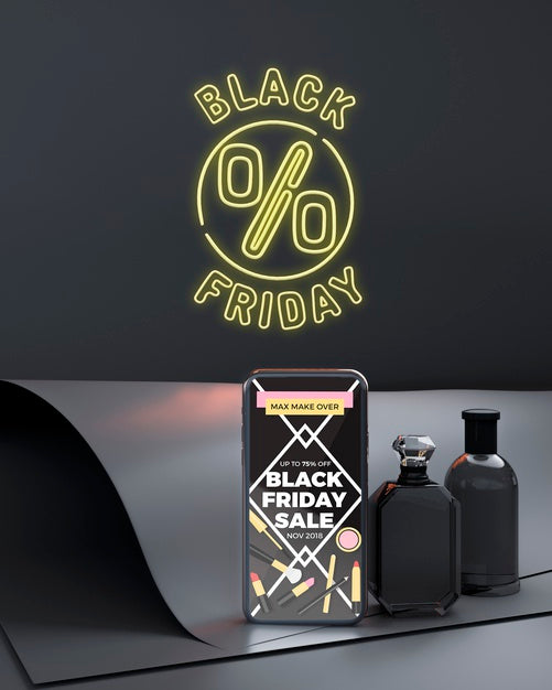 Free Black Friday Phone Mock-Up With Yellow Neon Lights Psd