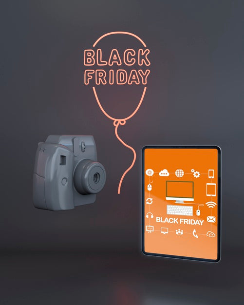 Free Black Friday Tablet Mock-Up With Orange Neon Lights Psd