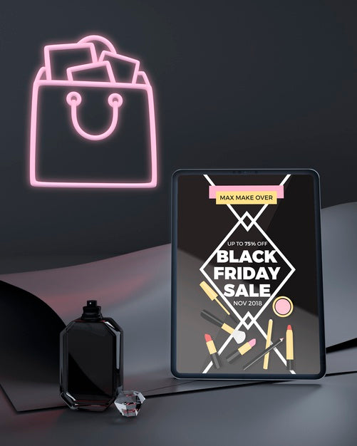 Free Black Friday Tablet Mock-Up With Pink Neon Lights Psd