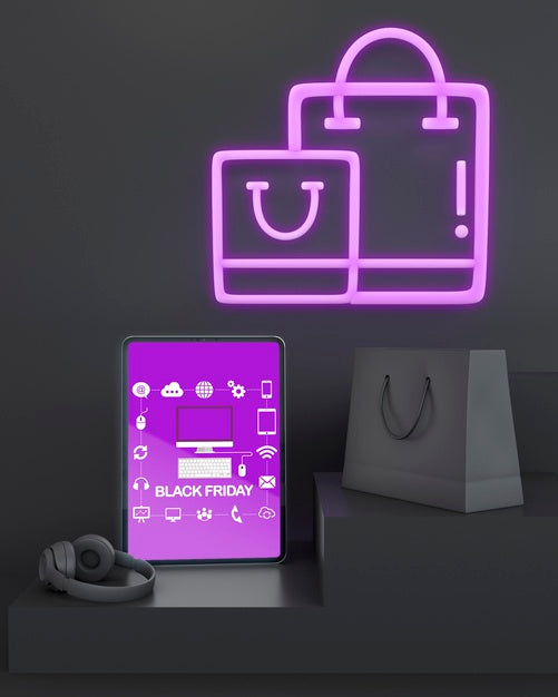 Free Black Friday Tablet Mock-Up With Purple Neon Lights Psd