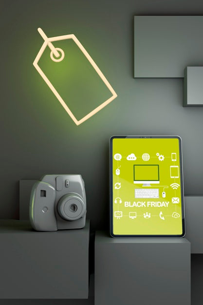 Free Black Friday Tablet Mock-Up With Yellow Neon Lights Psd