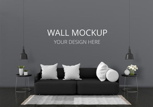 Free Black Sofa In Living Room With Wall Mockup Psd
