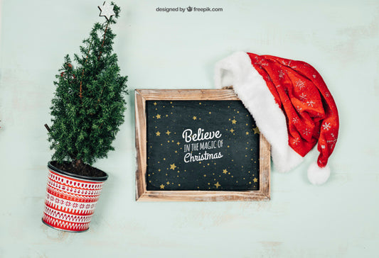Free Blackboard And Plant Mockup With Christmtas Design Psd