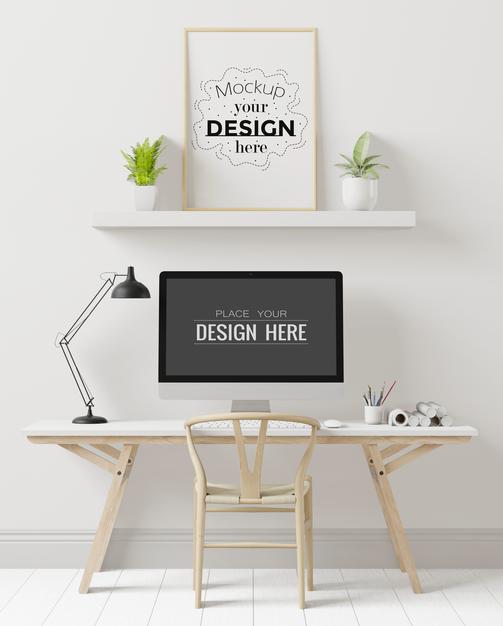 Free Blank Computer With Work Space Psd Mockup Psd
