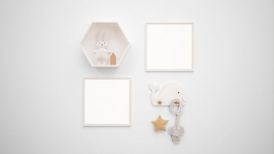 Free Blank Photo Frames Mockup Hanging On The Wall Next To A Bunny Toy Psd