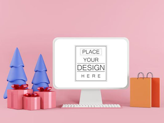 Free Blank Screen Computer Monitor With Shopping Bags And Gift Boxes Psd
