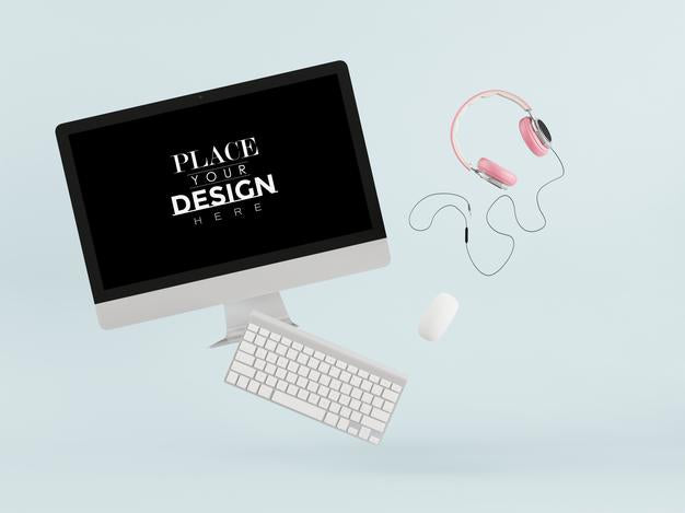 Free Blank Screen Computer With Keyboard And Headphones Psd