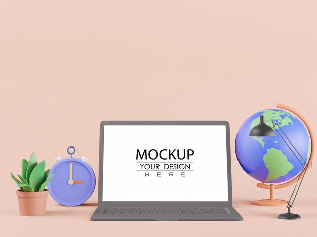 Free Blank Screen Laptop With World Globe, Lamp, Clock And Plant Psd