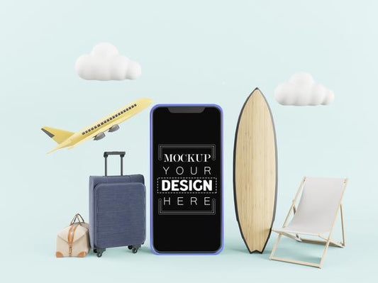 Free Blank Screen Smart Phone Computer Mockup. Travel Concept Psd