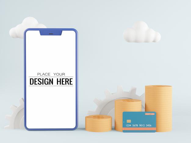 Free Blank Screen Smart Phone Mockup With Credit Card And Coins Psd