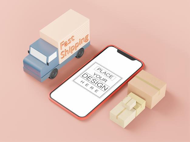Free Blank Screen Smart Phone Mockup With Fast Shipping Truck Psd