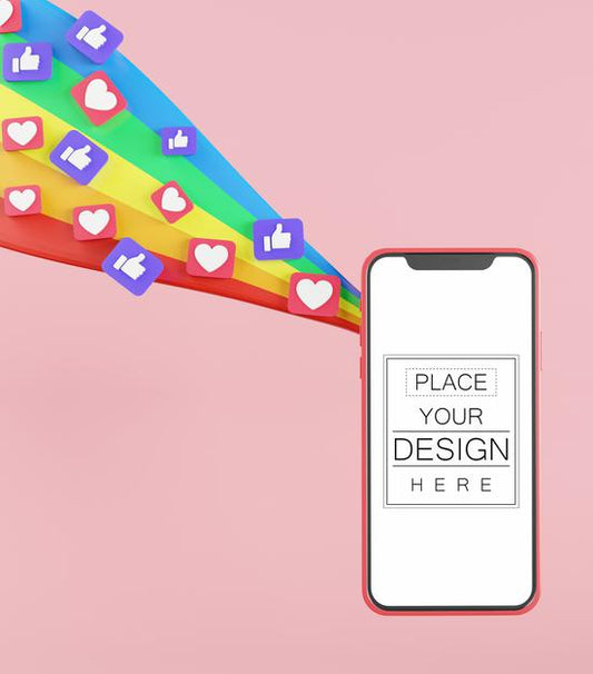 Free Blank Screen Smart Phone Mockup With Rainbow And Social Media Icons Psd