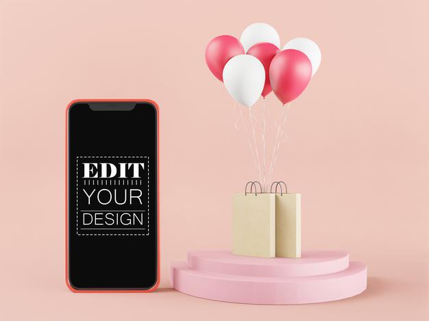 Free Blank Screen Smart Phone Mockup With Shopping Bags And Balloons Psd