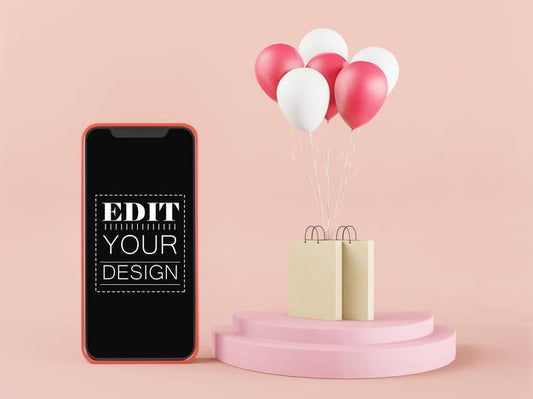 Free Blank Screen Smart Phone Mockup With Shopping Bags And Balloons Psd