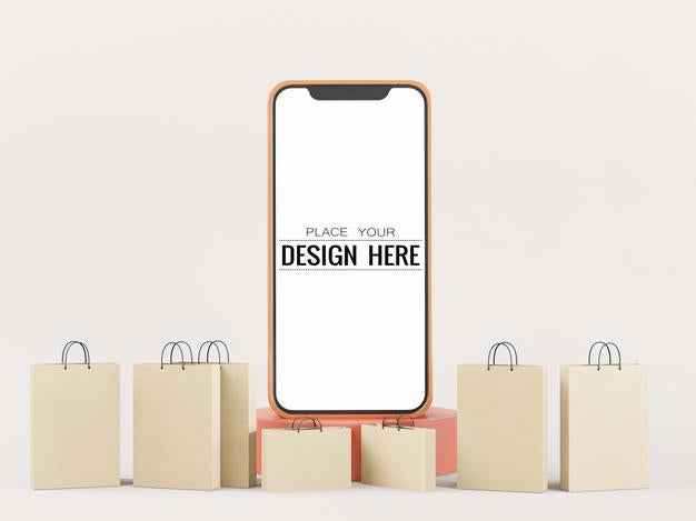 Free Blank Screen Smart Phone Mockup With Shopping Bags Psd