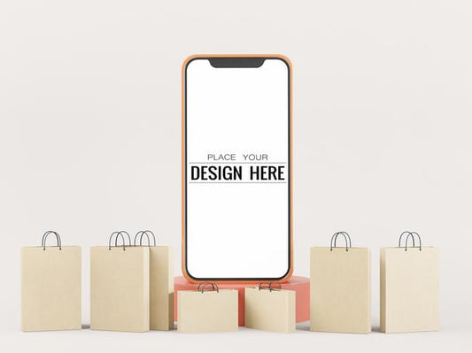 Free Blank Screen Smart Phone Mockup With Shopping Bags Psd