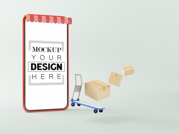 Free Blank Screen Smart Phone Mockup With Trolley And Parcels Psd