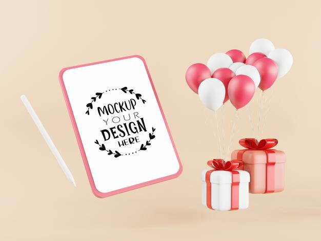 Free Blank Screen Tablet Mockup With Gift Boxes Psd