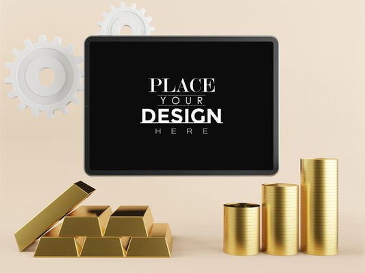 Free Blank Screen Tablet Mockup With Gold Ingots Psd