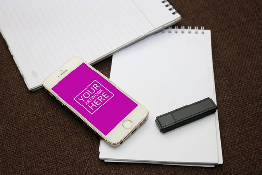 Free Blank Spiral Notepad With Smartphone And Flash Drive Psd