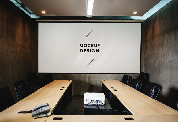 Free Blank White Projector Screen Mockup In A Meeting Room Psd