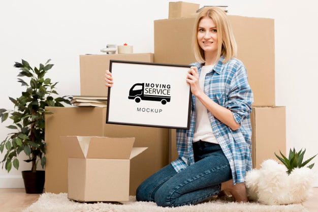 Free Blonde Woman Holding Moving Service Frame Psd