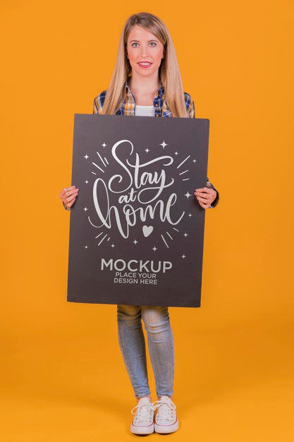 Free Blonde Woman With Sign Concept Mock-Up Psd