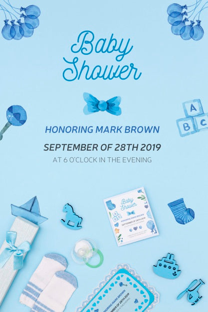 Free Blue Baby Shower Invitation With Decorations Psd