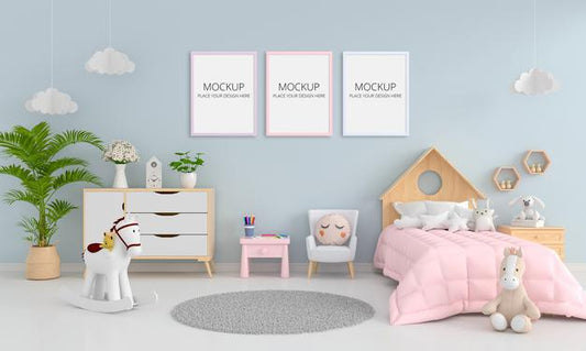 Free Blue Child Bedroom Interior With Frame Mockup Psd