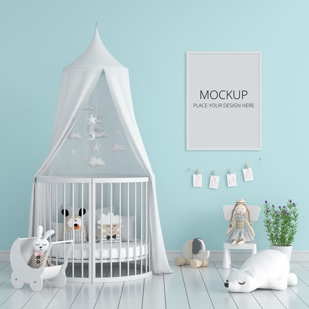 Free Blue Child Bedroom With Frame Mockup Psd
