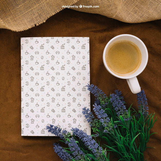Free Book Cover Composition With Coffee And Flowers Psd