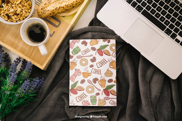 Free Book Cover Composition With Coffee And Laptop Psd