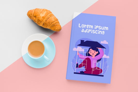 Free Book Cover Mock-Up Composition With Cup Of Coffee And Croissant Psd
