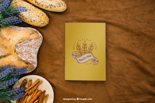 Free Book Cover Mockup With Bread And Cinnamon Psd