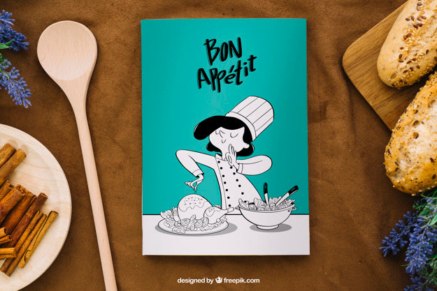 Free Book Cover Mockup With Spoon And Bread Psd