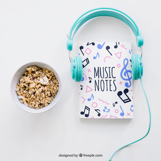 Free Book Cover Template With Headphones And Cereals Psd