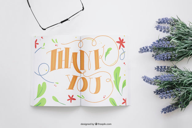 Free Book Mockup With Flowers And Glasses Psd