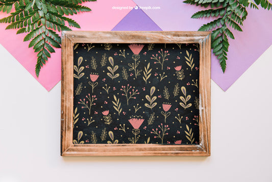 Free Botanical Mockup With Slate And Leaves On Top Psd