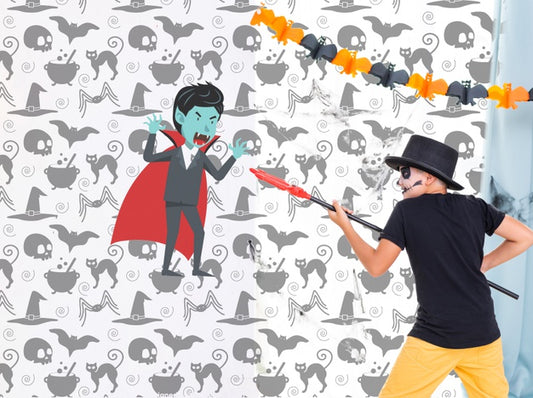 Free Boy Fighting With Painted Vampire On The Wall Halloween Party Psd
